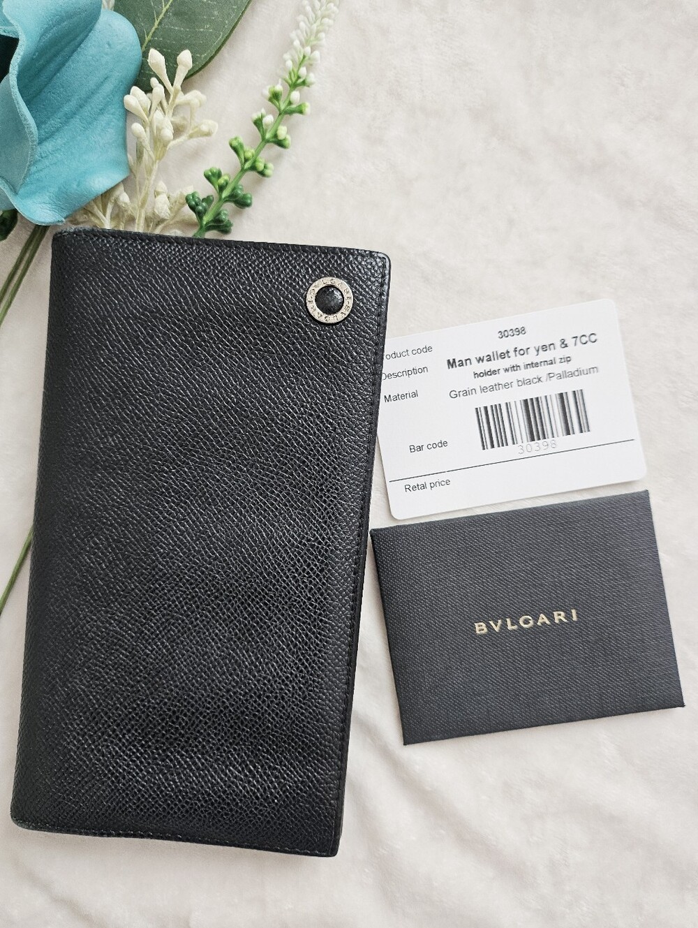 BVLGARI Black Grain Leather Men's Long Wallet Blue Interiors